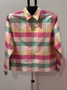 Ralph Lauren Women Silk Pastel Multicolor Plaid Button-Up Shirt Size L